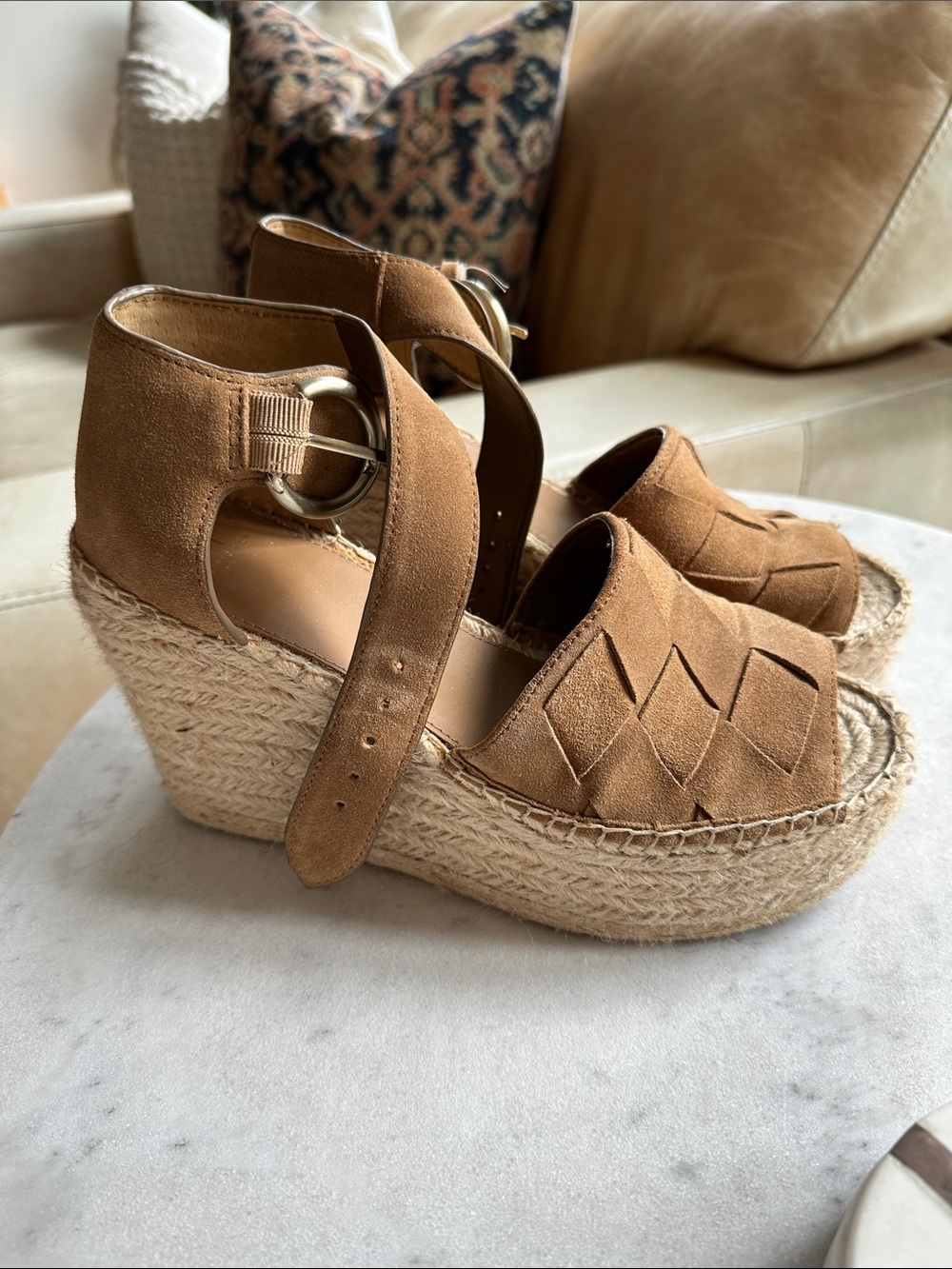 Suede Espadrille Wedge Sandals in Tan with Ankle Strap